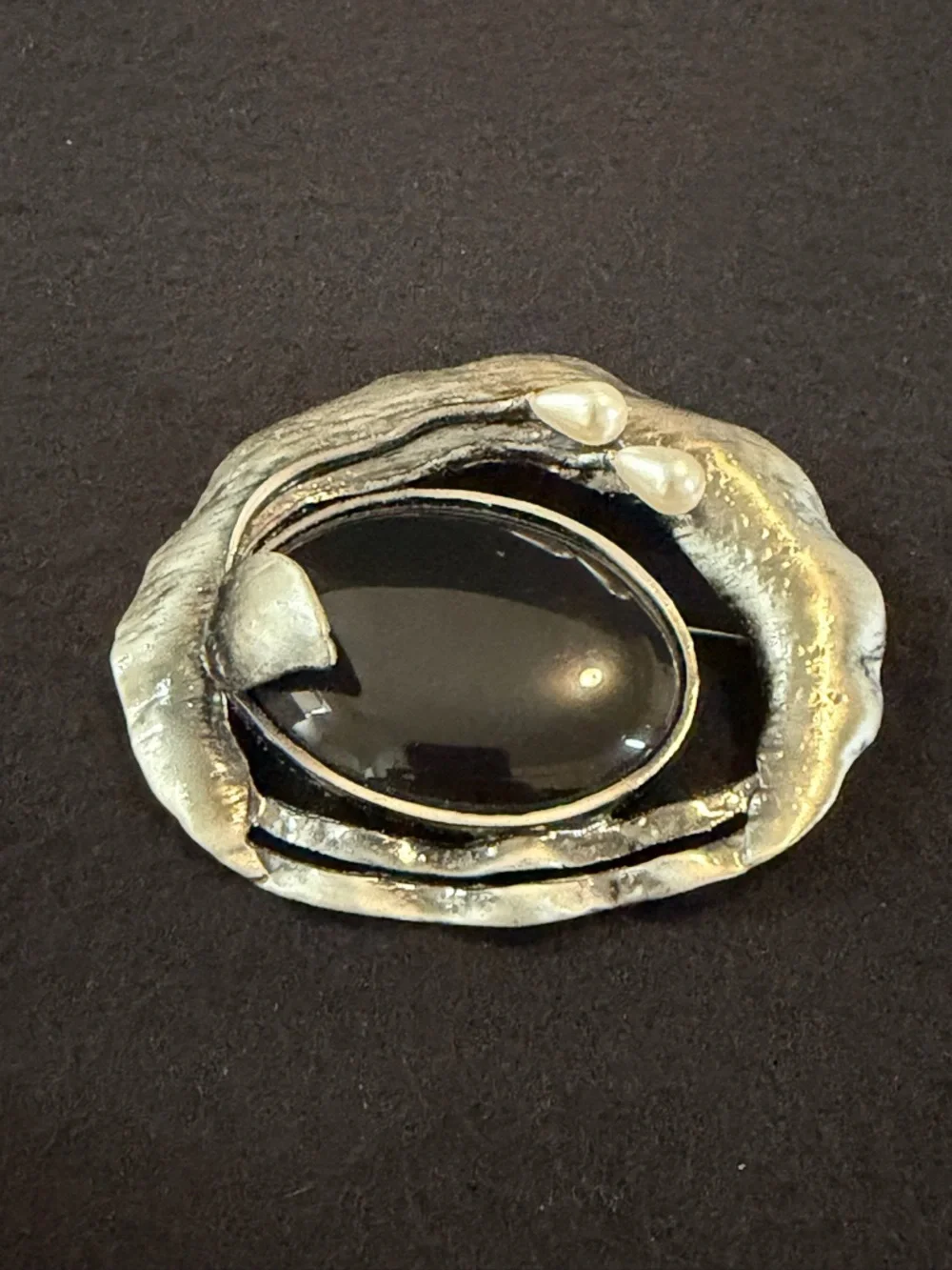 Vintage Artisan Silver-Tone Brooch with Black Cabochon and Pearl Accents